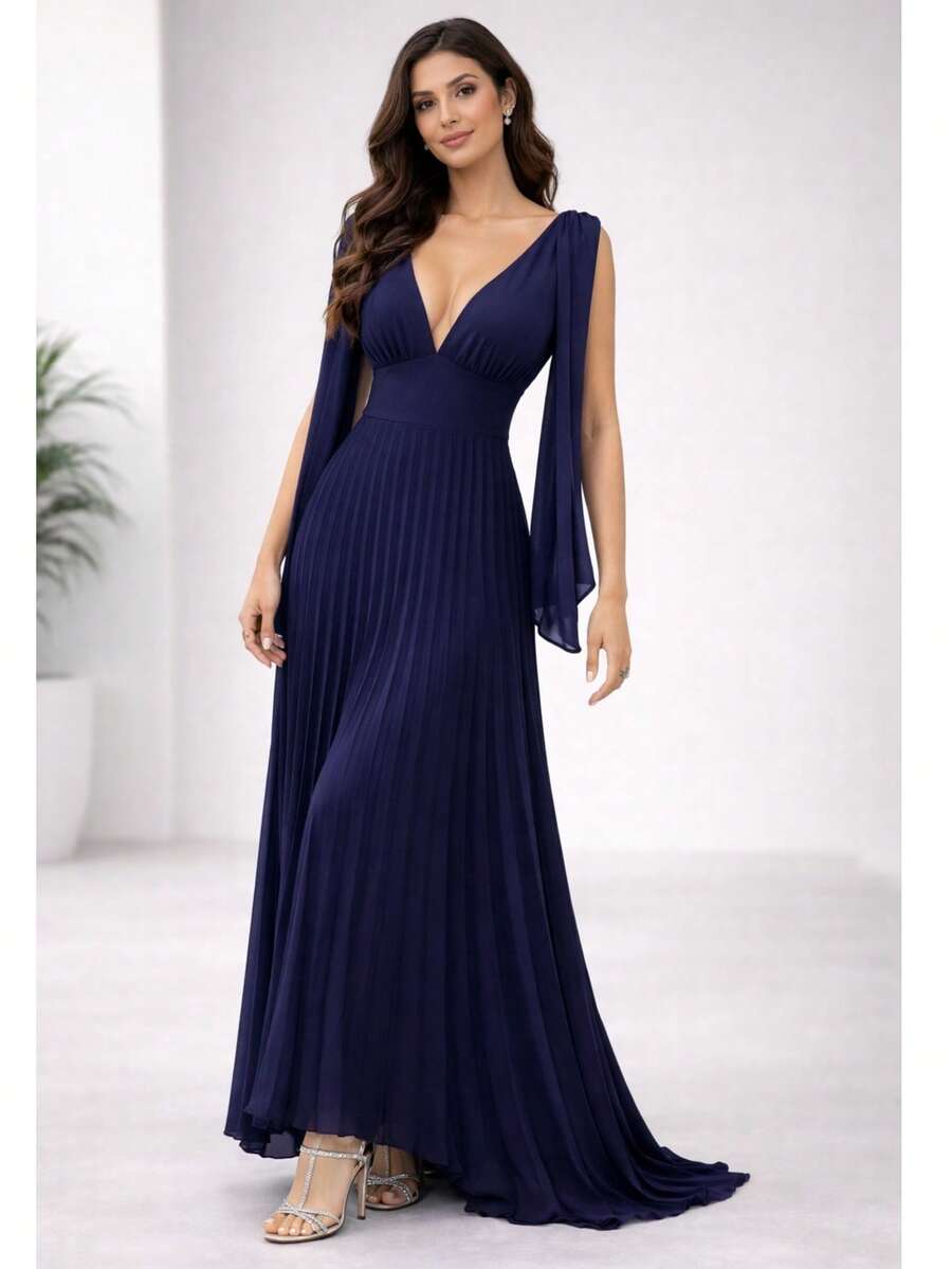 Long Pleated V-Neck Dress, Perfect For Bridesmaids, Weddings, Graduations, And Parties - 藏蓝色 - 查看 1