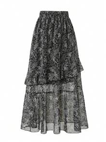 EARO Women's Chiffon Long Floral Dress, Layered Ruffle Design, Non-Stretch Fabric, Creates Elegant & Fashionable Look - Black - View 2