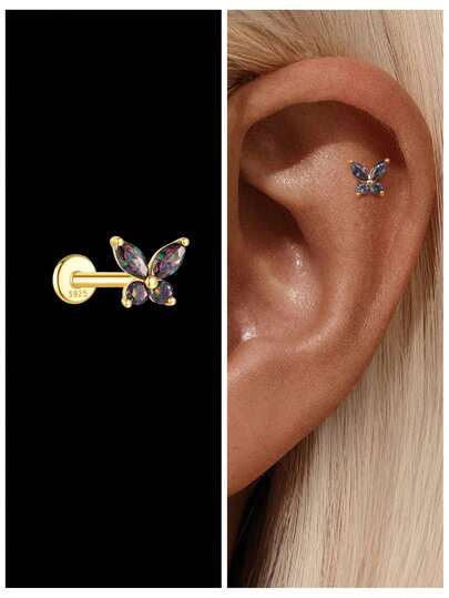 1pc 925 Sterling Silver Romantic Purple Gemstone Butterfly Stud Earrings, Delicate Earrings For Women, Suitable For Daily Wear, Wedding, Engagement