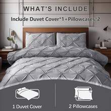 3 PCS Soft Grey Pinch Pleat Quilt Duvet Cover Set Luxury Bedding For Bedroom With 2 Pillowcases Queen King Size Quilt Cover Set Zipper Closure,Festival Gift Quilt Doona Duvet Cover For Bedroom Decor,Easy To Clean, Machine Wash,Back To School Season - 灰色 - 查看 9