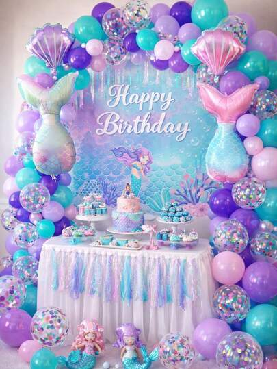美人鱼气球拱门套装，海底世界主题女孩生日派对装饰，紫色、蓝绿色、粉色气球花环，包含美人鱼尾巴和贝壳铝箔气球、五彩纸屑气球，海洋主题派对用品