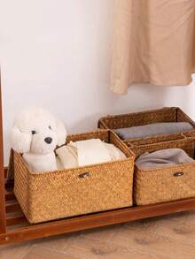 1pc Woven Basket With Lid, Rectangular Wicker Storage Box, Covered Toy Storage Bin, Exquisite Room Decor, Home Decor, Kitchen Decor, Bathroom Decor, Bedroom Decor, New Year & Valentine's Day Gift - 棕色 - 查看 6