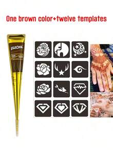 [Colorful Henna Tattoo Set]High-Quality Henna Tattoos In Multiple Colors, 12 Reusable Random Stencils | Pre-Mixed Natural Henna Dye For Temporary Body Art | Waterproof And Smudge-Proof, Durable | Beginner-Friendly DIY Kit, Suitable For Parties, Festivals, Halloween, Weddings, And Henna Nights - 棕色 - 查看 2