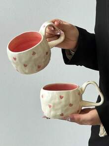 1pc Minimalist Handpainted Heart Ceramic Mug, Korean Ins Style Asymmetrical Handpainted Heart Ceramic Mug With Multicolor Heart, Cloud And Flower Patterns, Ideal For Afternoon Tea, Milk, Latte And Coffee - Multicolor - View 3