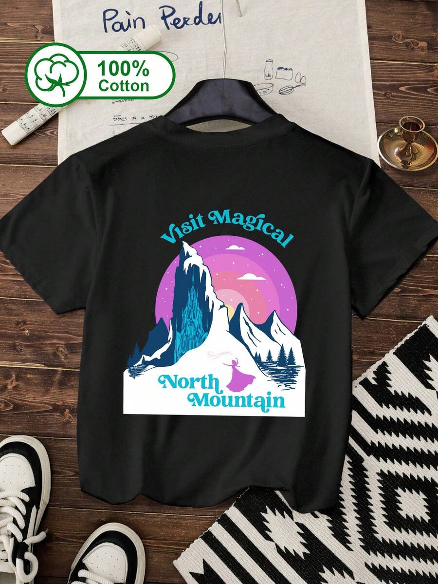 Disney Women's Casual Daily 100% Cotton Short-Sleeve T-Shirt, Featuring Prints Of Frozen's North Mountain And Elsa's Ice Castle With A Gradient Pink-Purple Starry Sky Background, Suitable For Everyday Outings, Music Festivals, Disney Park Visits, And Outdoor Travel. Summer Clothing, T-Shirt With Elsa, North Mountain, And Elsa's Ice Castle Print. Black - Black - View 1