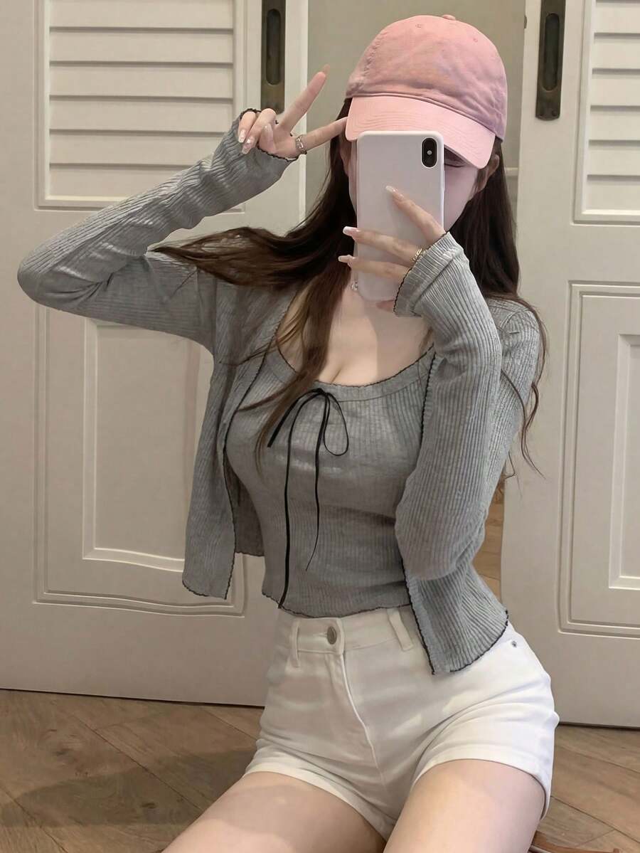 Grey Knit Cover Up Lightweight Sheer Cover Up Vest Top For Women, Spring/Summer - Gray - View 1