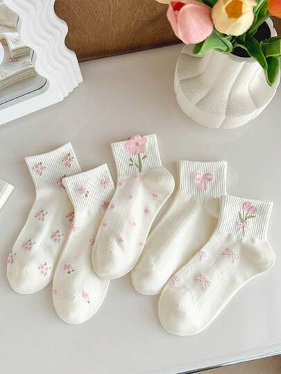 5 Pairs Of Children's Short Socks With Bow Ties, Polka Dots And Floral Patterns, Sweet Pink And White Mid-Calf Socks. Suitable For The School Season, Teenagers, Running, Sports, Daily Wear, Also Suitable For Parties, Trips, Spring, Summer And Autumn Seasons