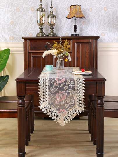 HXARTMIS 1pc Elegant Burgundy Lace Mesh Embroidered Floral Trim Table Runner, Rectangular Tablecloth, Modern Centerpiece Decor, Contemporary Minimalist Decor, Center Piece Decor, Modern Table Runner, Plastic Kitchen Tablecloth, Stain-Resistant Durable Easy Clean Reusable Heat-Resistant Non-Slip Protective Tablecloth. Suitable For Home Living Room Carpet, Dining Table Mat, Bedroom, Living Room
