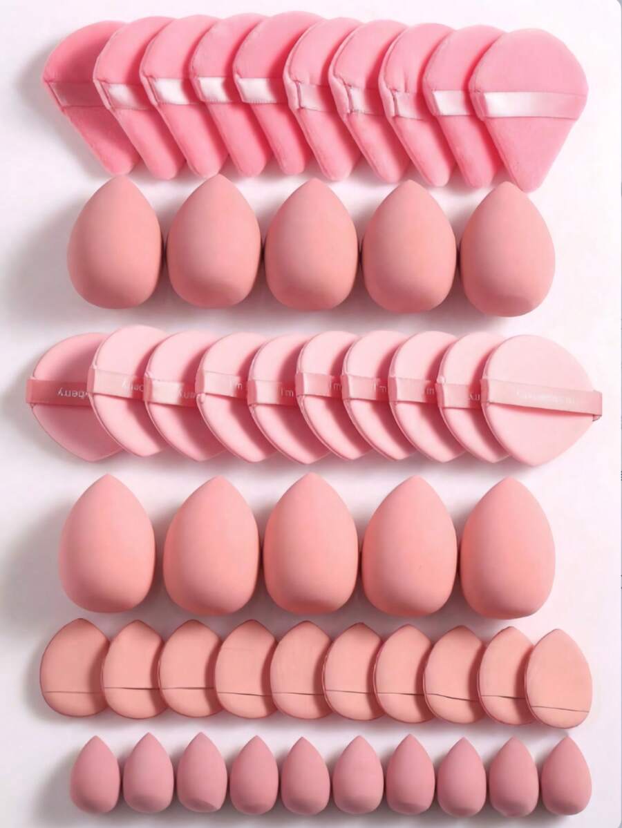 5/10/20/30/40/50/60/80/100pcs Makeup Tool Set Includes: 10pcs Liquid Makeup Sponges + 10pcs Mini Liquid Makeup Sponges + 10pcs Powder & Setting Triangular Puffs + 10pcs Face Makeup Air Cushion Puffs + 10pcs Mini Face Concealer Air Cushion Puffs - Watermelon Pink - View 1