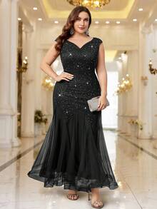 Plus Elegant V-Neck Sequin Lace Sleeveless Mesh Mermaid Hem Formal Party Maxi Dress, Evening Wedding Guest Dress, For Party, Graduation, Homecoming - 黑色 - 查看 4