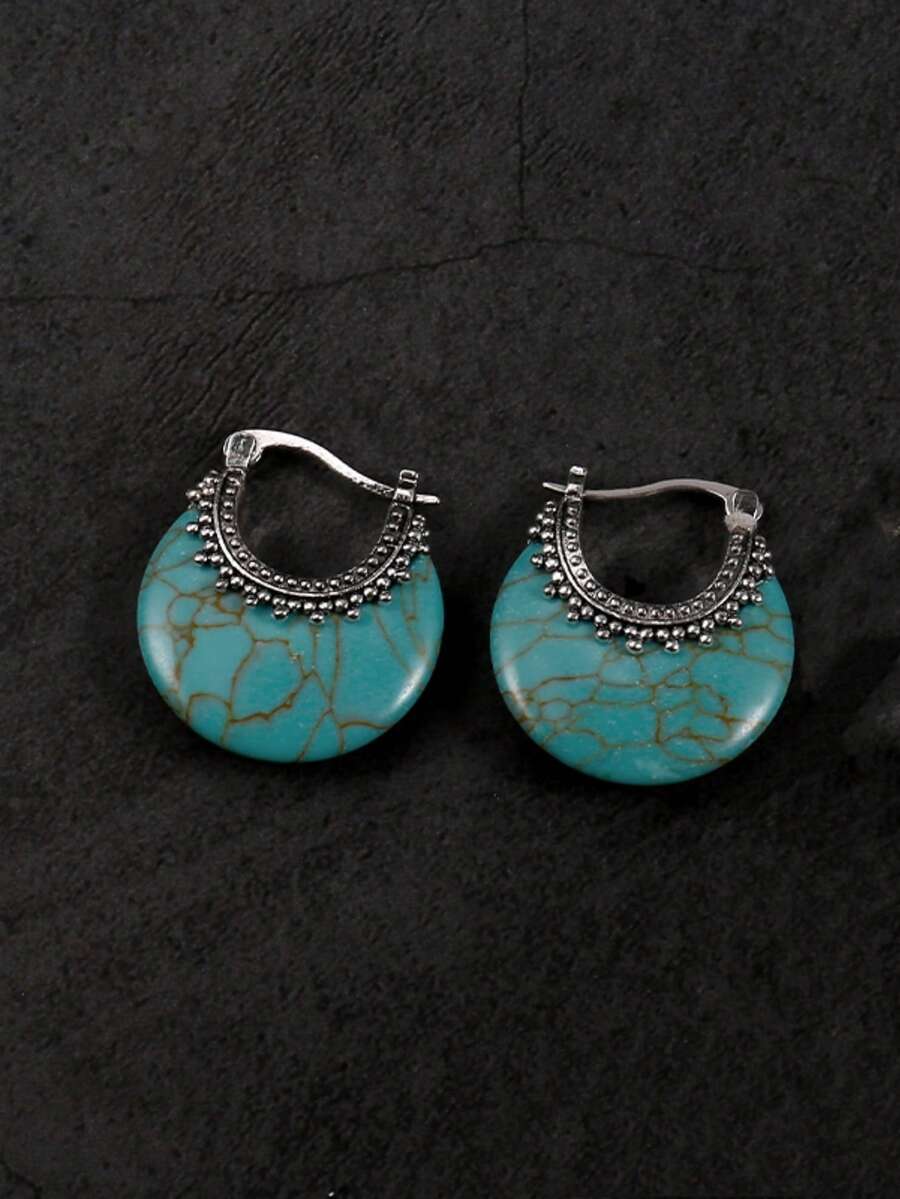 1 Đôi bông tai khoen tròn kiểu Bohemian thanh lịch, được trang trí bằng đá ngọc lam nhân tạo, là phụ kiện lý tưởng cho các bữa tiệc và tụ họp, cũng như là món quà tuyệt vời cho các lễ hội. - Màu xanh lam - Xem 1