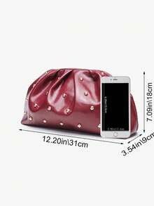 新款铆钉链条褶皱手拿包，时尚简约百搭蘑菇斜挎包 - 紅色 - 查看 2