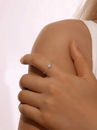 1 szt. Delikatny, szykowny pierścionek z moissanitem ze srebra próby 925, koniczyna, regulowany łańcuszek, biżuteria hipoalergiczna, prezent dla kobiet i dziewcząt, odzież codzienna, impreza, ślub, sezon