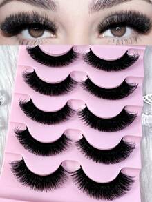 5 Pairs/Pack Natural Fluffy Fake Eyelashes, Dramatic Messy Mink Lashes, Lengthening & Volumizing 8D Thick Long Lash Strips, Fox Eye Lifting Effect, Extending & Plumping Lash Ends - Black - View 1