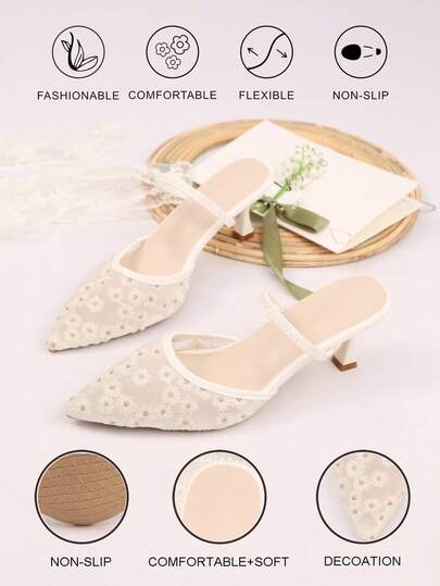 Pantofi eleganti pentru femei, cu toc înalt, din material textil brodat, în culoare solidă, cu vârf ascuțit și toc subțire, ușoare și respirabile, cu decor de crizanteme, sandale versatile și confortabile pentru primăvară/vară, potrivite pentru sărbători, nunți, petreceri, activități în aer liber