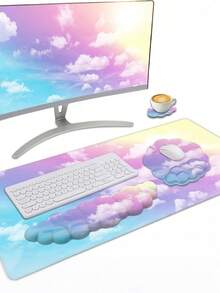 Ergonomic Mouse Pad And Wrist Rest Set -4-Piece Set, Including Large Table Pad, Keyboard Wrist Rest, Mouse Wrist Pad, Coaster-Cloud Design, Arm Pain Relief For Office Use - View 3