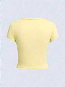 女士短袖露脐T恤一件装 - 可爱卡通猫咪戴耳机印花，Y2K风格，柔软透气圆领露脐上衣，适合日常外出、咖啡约会、周末聚会、上学等场合，是爱猫人士和青少年女孩夏季休闲穿搭的理想之选。 - 黃色 - 查看 3