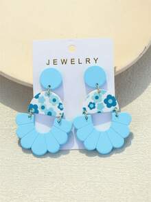 1对女士浅蓝色花卉印花陶瓷纹理镂空亚克力耳环，时尚优雅设计 - 彩色 - 查看 1