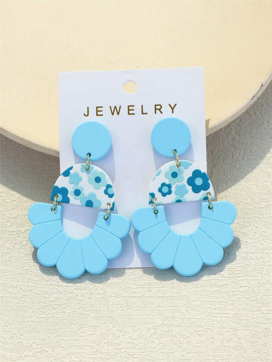 1对女士浅蓝色花卉印花陶瓷纹理镂空亚克力耳环，时尚优雅设计 - 彩色 - 查看 1