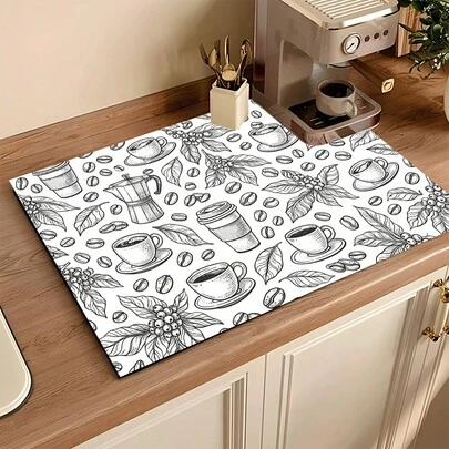 1件装咖啡图案吸水沥水垫，厨房装饰咖啡机垫，手工咖啡壶沥水垫，厨房地垫，餐桌垫，厨房台面碗碟沥水垫，杯垫，早餐垫，耐热防滑沥水垫，硅藻土沥水垫，遮盖污渍，超强吸水厨房垫，易清洁碗碟架垫，适用于厨房、餐桌、咖啡店、酒吧、节日、派对、家居装饰、节日礼物