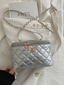 1pc New Minimalist Casual Versatile Embroidered Box Bag, Lunch Box Crossbody Bag, Popular Small Shoulder Bag For Holiday Season - Silver - View 9