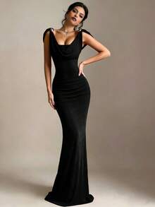 Women's Elegant Red Sleeveless Maxi Dress, Featuring Draping And Ruching Details, Fishtail Hem, Knit Fabric With Medium Stretch Wedding - Black - View 4