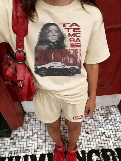 两件套少女夏季欧美街头风人像及赛车印花圆领短袖T恤和字母短裤休闲夏季套装