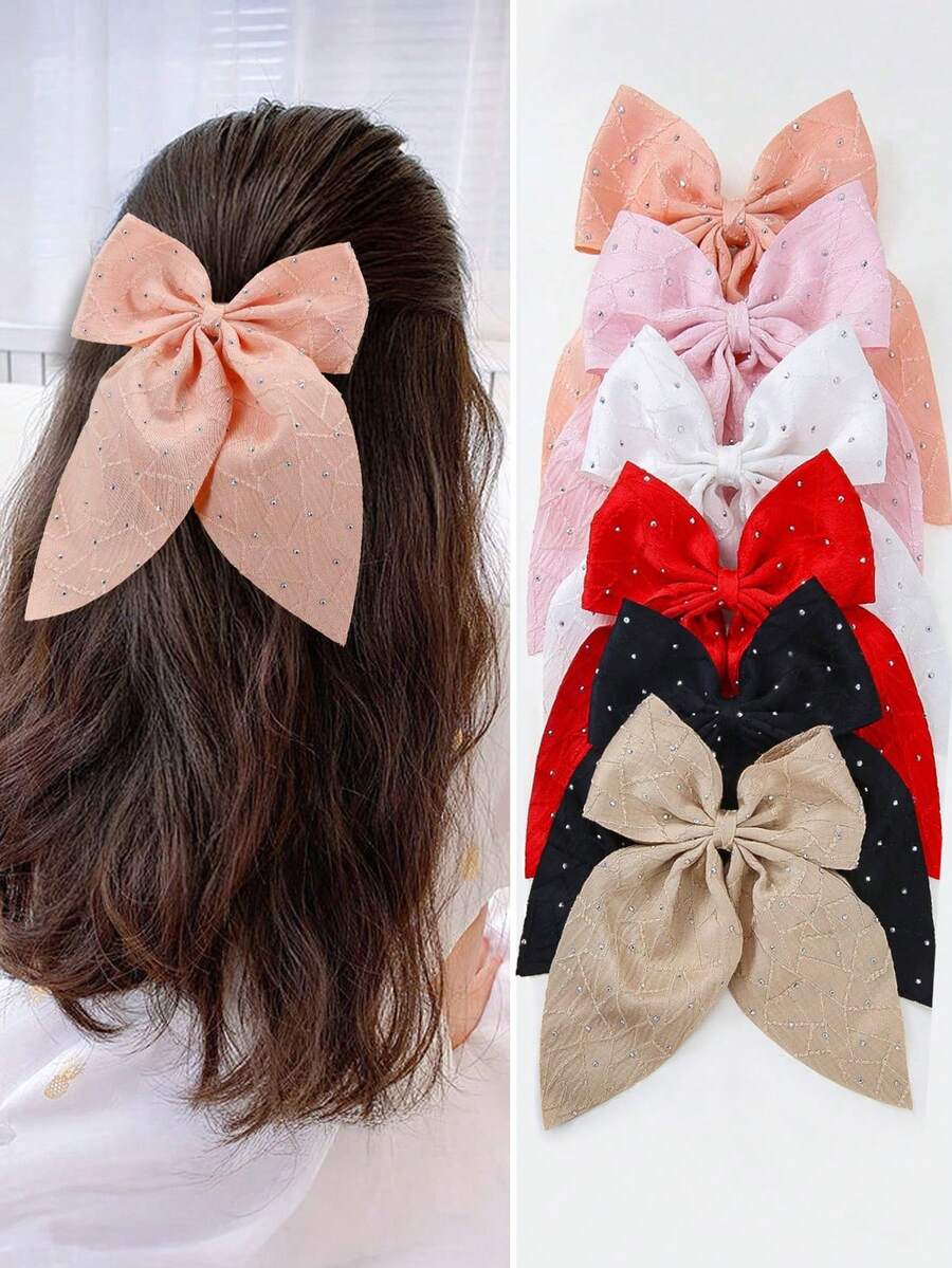 6pcs/Set Girls/Teens Rhinestone Bow Asymmetrical Textured Fabric Hair Clips, Pink/Red/Black, Daily Use Hair Accessories - Multicolor - View 1