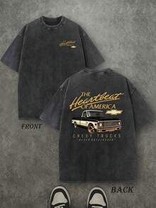 Men's Plus-Size "The Heartbeat Of America" ​​Chevrolet Pickup Graphic T-Shirt - Distressed, Washed, Vintage Streetwear Style; Loose-Fit Short Sleeve Top (230g Heavyweight Washed Cotton) - màu đen - Xem 2