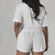 Women's Solid Color Vacation Casual Button Front Crop Shirt With Elastic Waist Pocket Shorts Set White Summer - 杏 - 查看 6