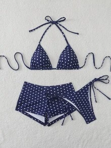 2026 Conjunto de 3 piezas de bikini con pantalones de tirantes con cordón y estampado de lunares para vacaciones de playa de verano para mujeres - azul real - Ver 7