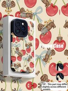 1个时尚樱桃条纹腊肠犬全印花经典防摔软皮质感手机壳，适合作为生日、节日礼物送给朋友、家人、情侣或自己，兼容 17/17 Air/17 Pro/17 Pro Max、16/16 Plus/16 Pro/16 Pro Max、15/15 Plus/15 Pro - 彩色 - 查看 1