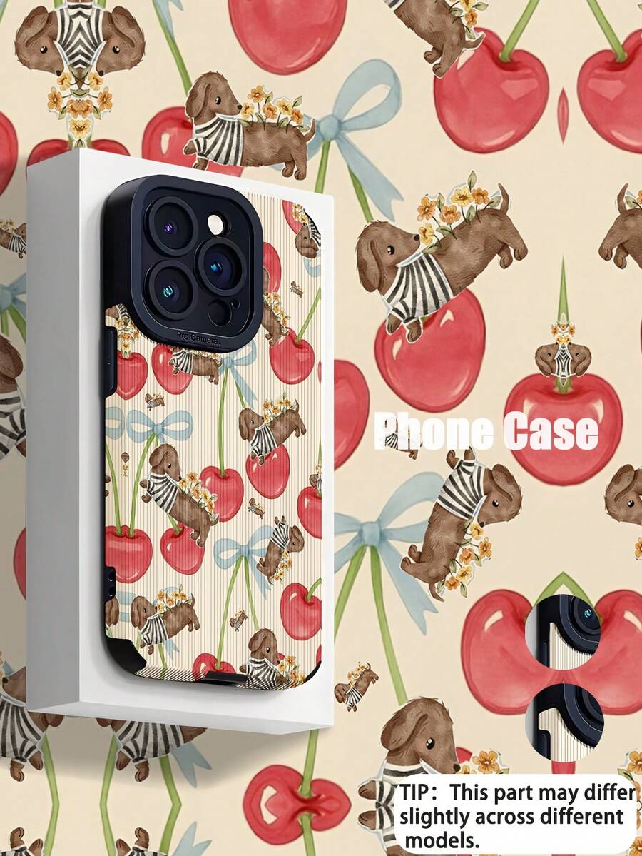 1个时尚樱桃条纹腊肠犬全印花经典防摔软皮质感手机壳，适合作为生日、节日礼物送给朋友、家人、情侣或自己，兼容 17/17 Air/17 Pro/17 Pro Max、16/16 Plus/16 Pro/16 Pro Max、15/15 Plus/15 Pro - 彩色 - 查看 1