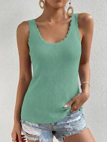Womens Summer Sleeveless Tank Tops V Neck Ruffle Lightweight Ribbed Knit Shirt Casual Going Out Top - màu xanh lá - Xem 5