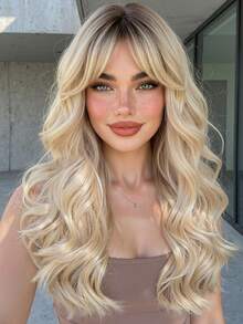 20 Inch Ombre Golden Wavy Bangs Medium Length Middle Part Curly Synthetic Heat Resistant Wig, Suitable For Daily Wear, Parties, Gifts For Girls, Summer Graduation, Ready-To-Gift, Halloween & Christmas Gifts - Tóc vàng ombre - Xem 1