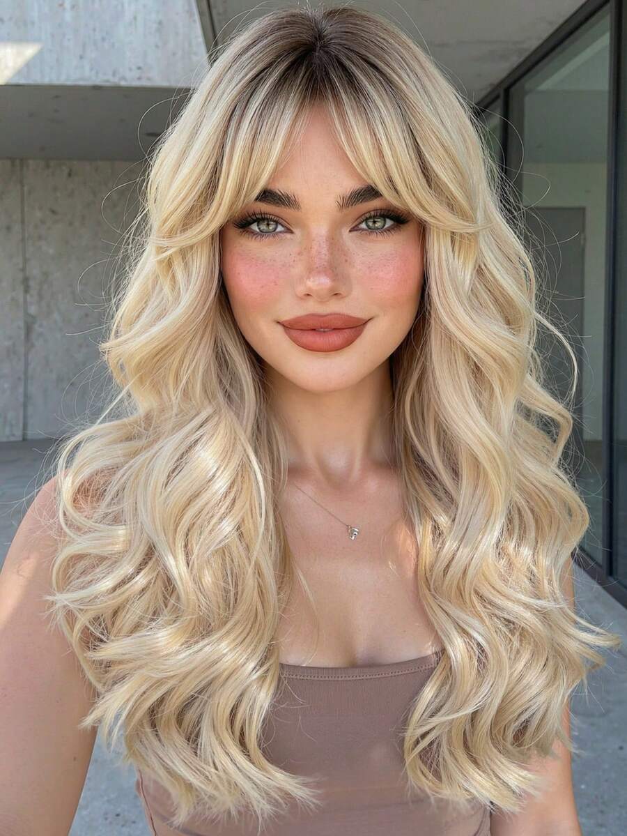 20 Inch Ombre Golden Wavy Bangs Medium Length Middle Part Curly Synthetic Heat Resistant Wig, Suitable For Daily Wear, Parties, Gifts For Girls, Summer Graduation, Ready-To-Gift, Halloween & Christmas Gifts - Tóc vàng ombre - Xem 1