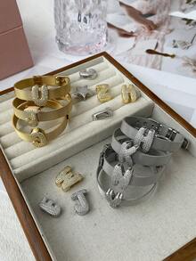 1pc Creative Fashion Elegant Design Exquisite Light Luxury Titanium Steel Inlaid Synthetic Zirconia 26 Alphabet Bracelet For Women Couple Jewelry Delicate Gift, Suitable For Mother's Day,Daily Dates, Parties, Summer, Beach,Holidays, Wedding, Vacation Wear - Gold - View 1
