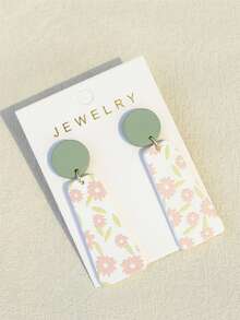 1对可爱粉色花卉印花陶瓷质感亚克力耳环，迷人而充满女人味 - 彩色 - 查看 2