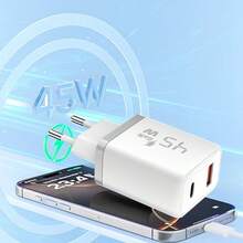 45W Type-C Super Fast Dual Port Charger, PD 3.0 Protocol, Compatible With Galaxy S24/S23/S22/S21 Ultra/S20/S20+/Note 20/10/9/8/A73/A53/A52 And 17/16/15 Series, White, Includes 2M USB-C Cable - EU C Type Plug(220-240V) - View 6