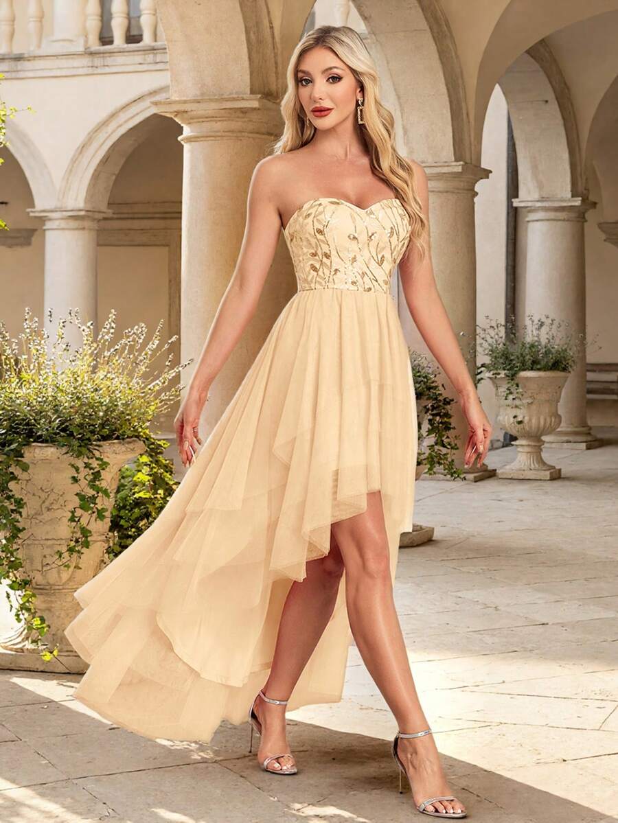 Đầm phù dâu màu vàng, trễ vai, thêu hoa và đính sequin, vạt lưới bất đối xứng, thích hợp cho tiệc tùng thanh lịch, dạ hội trang trọng, cocktail, sinh nhật, đám cưới, lễ tốt nghiệp, tiệc tối trang trọng.