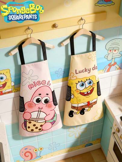 SpongeBob SquarePants Cute Square Apron And Kitchen Apron - Pink And Yellow Couple PVC Apron With Pockets, Smooth Surface, Non-Slip Design, Suitable For Home Cooking. Adorable Kitchen Apron Design, Comfortable And Soft, Essential For Baking And Cooking. With Storage Pocket, Kitchen Accessory