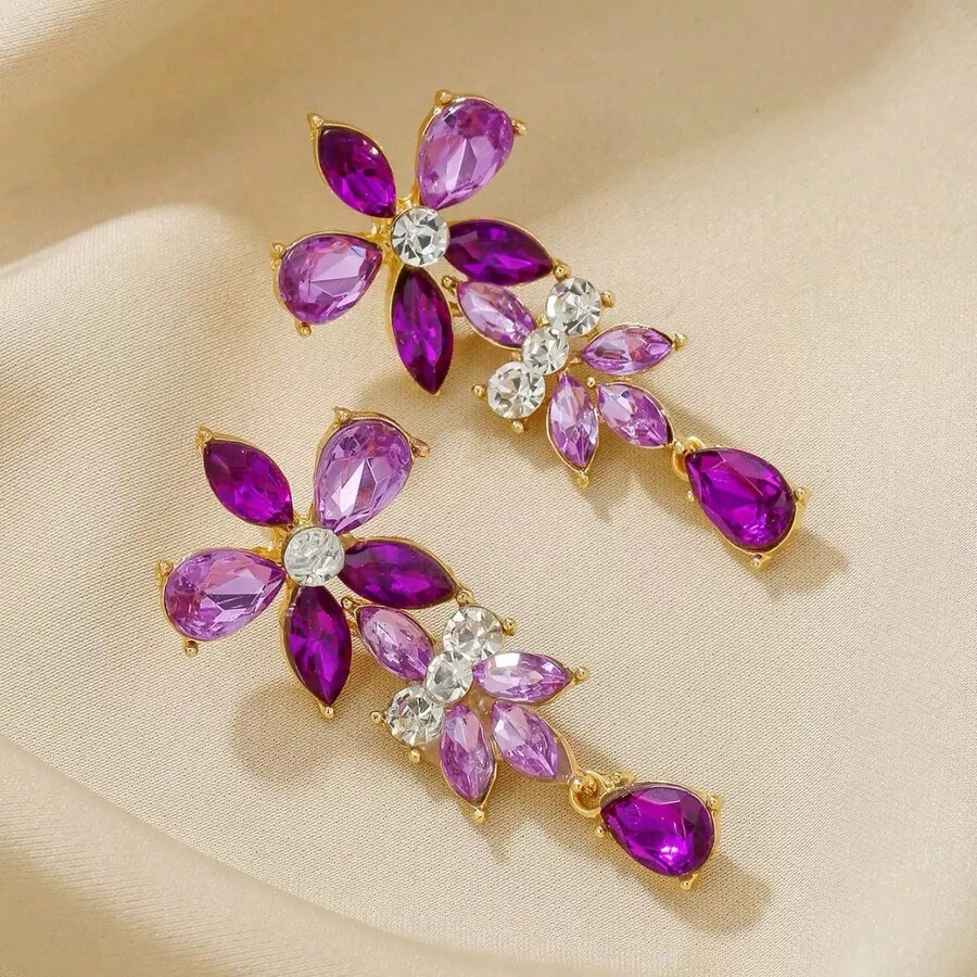 1 Pair Fashion Geometric Color Diamond Long Palace Style Personalized Retro Floral Drop Earrings Earrings Women Exaggerated Accessories Gift - Purple - View 1