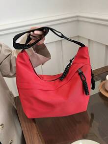 Fashionable Solid Color Nylon Waterproof Shoulder Bag, Casual Minimalist College Style, Wide Strap, Multiple Zipper Design, Suitable For Students, Shopping, Daily Use - Red - View 6