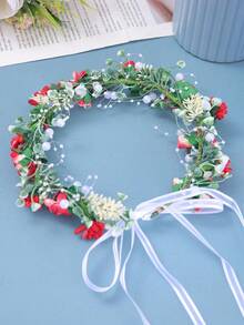 1pc Handmade Bride Red Flower Headband, Romantic Pink Princess Daisy Hair Accessory, Wedding Bridal Hair Decoration Gift - Red - View 7