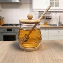 Bamboo Bottom Honey Pot With Spoon - Transparent Glass Food Storage Jar With Airtight Lid, Suitable For Honey, Syrup, Jam. Reusable, Leak-Proof, Stylish Design For Kitchen Countertop Or Dining Table Decor - Multicolor - View 7