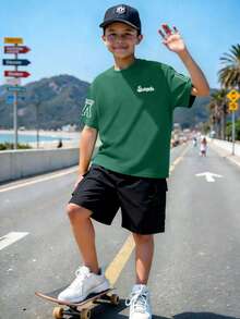 青少年男孩休闲简约洛杉矶“LA”字母印花圆领短袖T恤+卡其裤夏季新款穿搭 - 彩色 - 查看 2