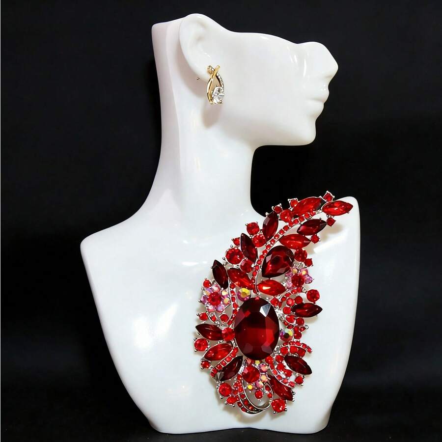 Medieval And Elegant Rhinestone Flower Brooch, Crystal Cross Flower Brooch, Vintage And Elegant Design, Chest Flower - Red - View 1