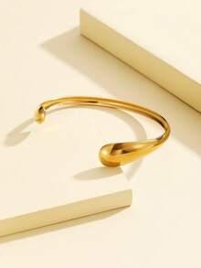 1pc Elegant Vintage Coin Style Thick Heavy Metal Smooth Open Bangle Bracelet, Stainless Steel 18K Gold Plated Geometric Wave Design Dress Accessory, Daily Wear - Geometry - View 5