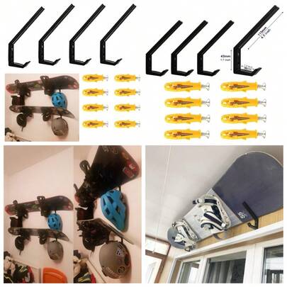 4-Pack Multi-Purpose Wall Mount Rack For Snowboard Longboard And Helmet Storage - Easy Install Sports Gear Hanger With Hardware Included