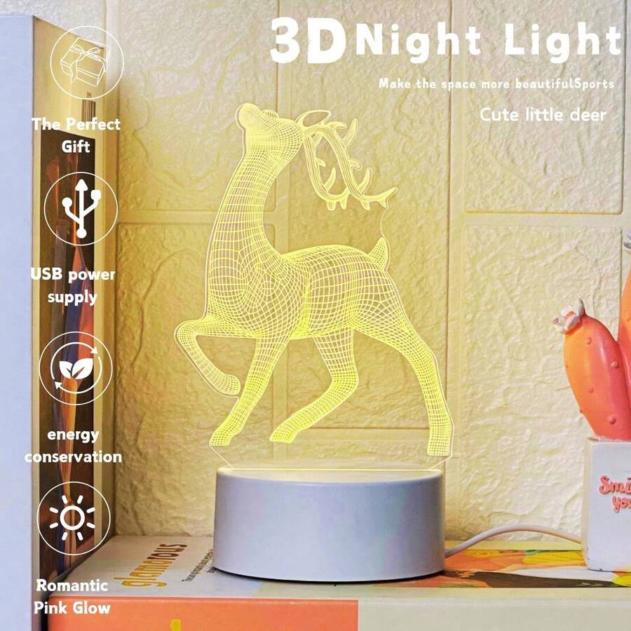1pc Beautiful 3D Deer Night Light, USB Powered, Warm Glow, Creative Desktop Decor Lamp, Room Decoration Night Light, Mini Gift Light - Yellow - View 1